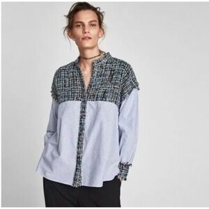 Zara Basic Blue Striped Contrasting Tweed Long Sleeve Shirt Size M